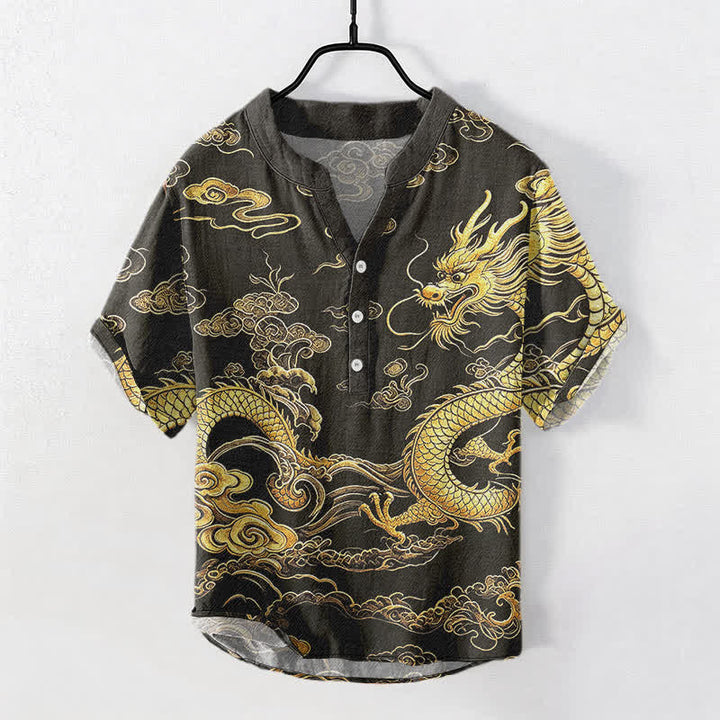 Buddha Stones Kurzarm-Herrenhemd aus Baumwolle mit goldenem Drachen- und Wolkenmuster, halb geknöpft, halblang, mit halben Ärmeln - Schwarz - US/UK/AU50, EU60 (5XL) - image 0