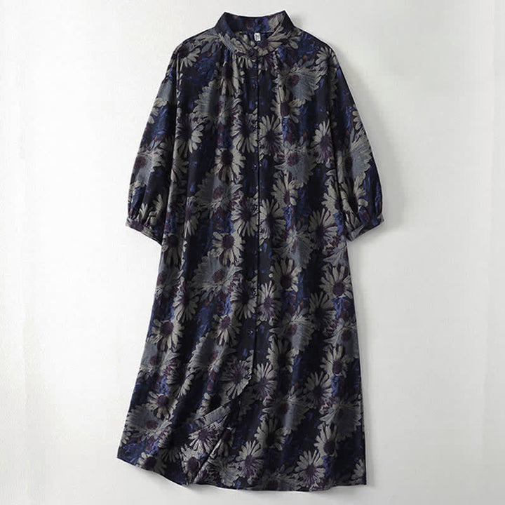 Buddha Stones Frühlingshaftes Vintage-Kleid für Damen mit Stehkragen, Knopfleiste, Blumenmuster, ellbogenlangen Ärmeln und Taschen - Mitternachtsblau - US12, UK/AU16, EU44 (2XL) - image 0