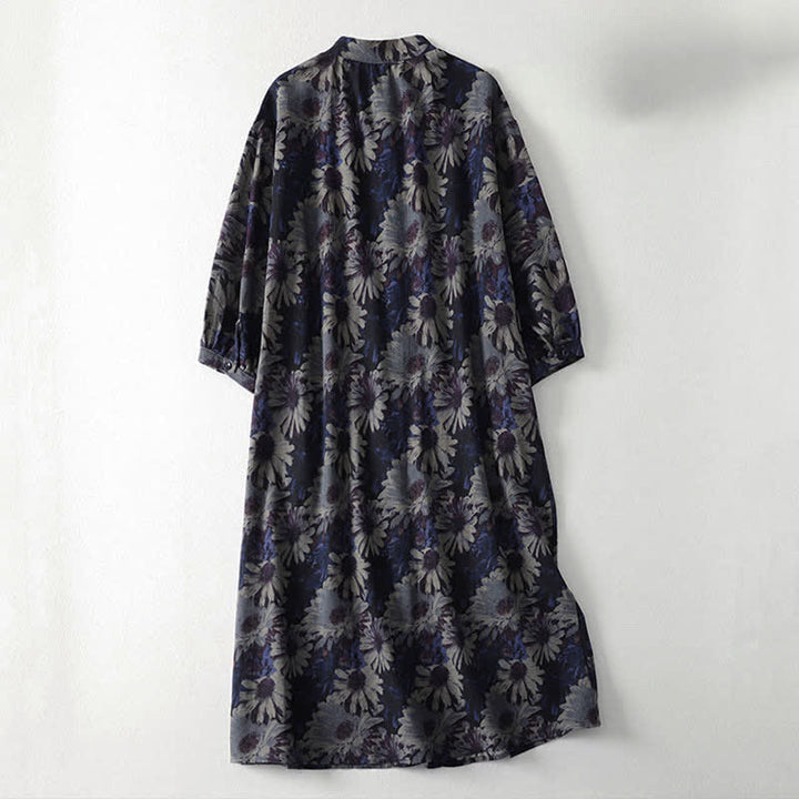 Buddha Stones Frühlingshaftes Vintage-Kleid für Damen mit Stehkragen, Knopfleiste, Blumenmuster, ellbogenlangen Ärmeln und Taschen - image 1