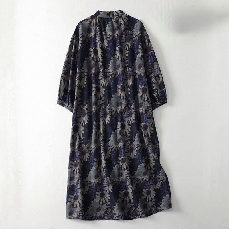 Buddha Stones Frühlingshaftes Vintage-Kleid für Damen mit Stehkragen, Knopfleiste, Blumenmuster, ellbogenlangen Ärmeln und Taschen - image 1