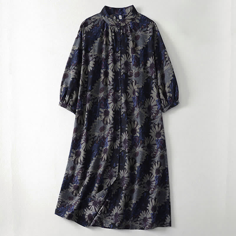Buddha Stones Frühlingshaftes Vintage-Kleid für Damen mit Stehkragen, Knopfleiste, Blumenmuster, ellbogenlangen Ärmeln und Taschen - Mitternachtsblau - US12, UK/AU16, EU44 (2XL) - image 0