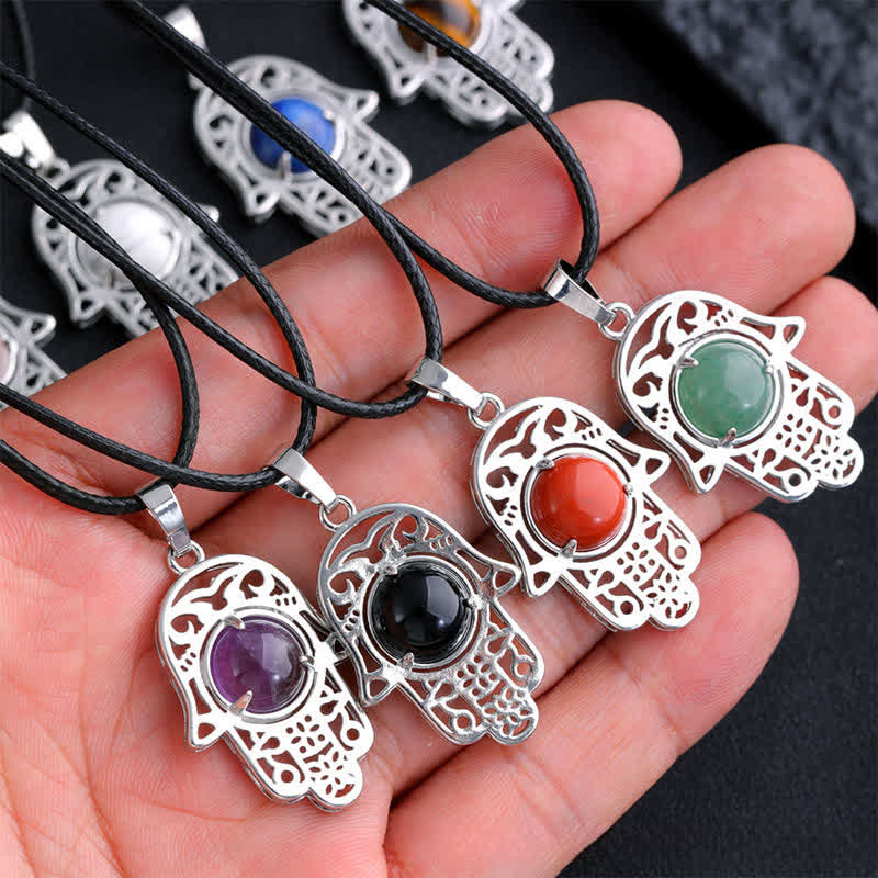 Buddha Stones Halskette aus schwarzem Obsidian mit Hamsa-Palm-Einlage und Kristallstärke - image 23