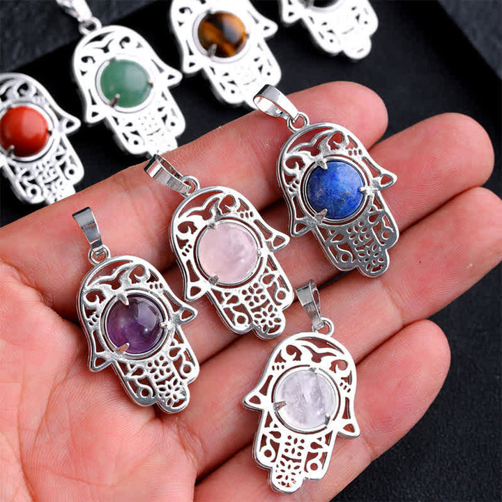 Buddha Stones Halskette aus schwarzem Obsidian mit Hamsa-Palm-Einlage und Kristallstärke - image 22