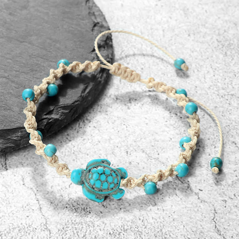 Buddha Stones Türkisfarbenes Armband mit Schildkrötenmotiv und geflochtenem Seil zum Schutz - Milchig-weißes Seil - image 0