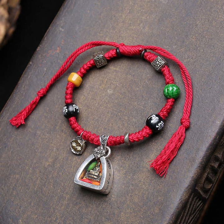 Buddha Stones Kupfernes Buddha-Amitabha-Armband aus geflochtenem Seil – ein Symbol der Gelassenheit - Rotes Seil (Handgelenkumfang: 17-23 cm) - image 0