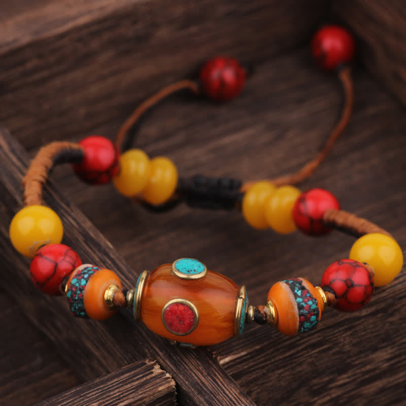 Buddha Stones Türkis-Bernstein-Liebesarmband aus geflochtenem Seil aus Tibet - Schwarzes und oranges Seil (Handgelenkumfang: 15-21 cm) - image 5