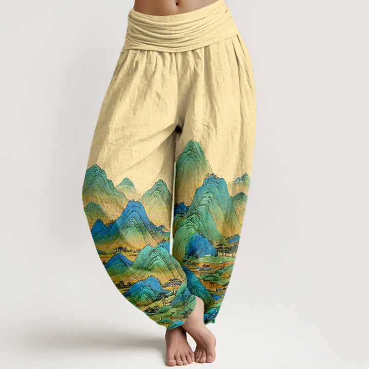Buddha Stones Damen-Haremshose aus reiner Baumwolle mit blau-grünem Berglandschaftsmuster und elastischem Bund - Zitronen-Chiffon - US16, UK/AU20, EU48 (3XL) - image 5
