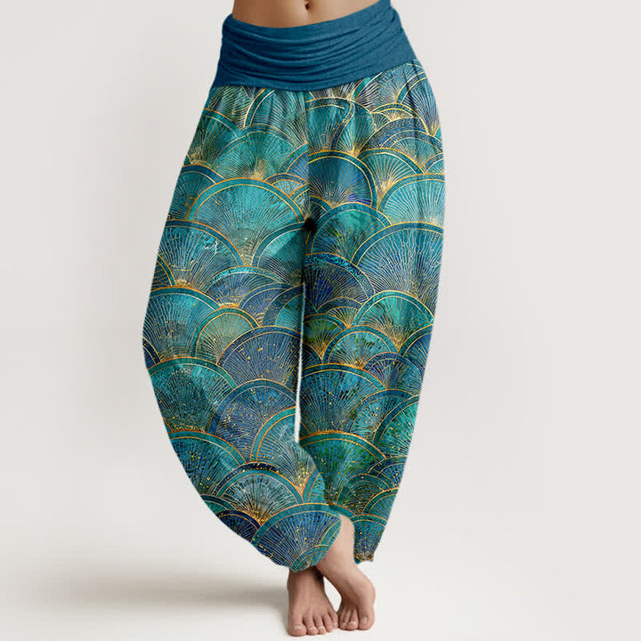 Buddha Stones Damen-Haremshose aus reiner Baumwolle mit türkisfarbenem Fächermuster und elastischem Bund. - Türkis - US16, UK/AU20, EU48 (3XL) - image 0