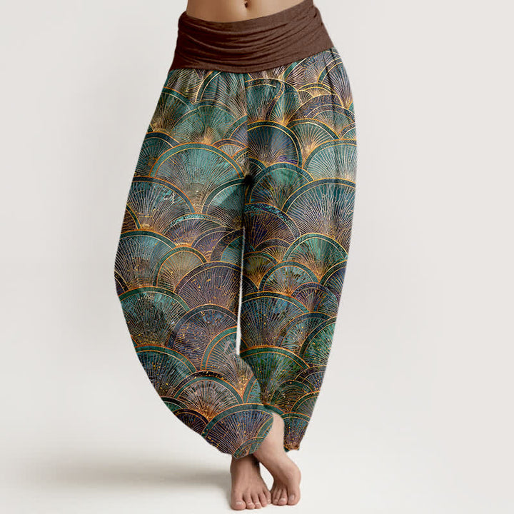 Buddha Stones Damen-Haremshose aus reiner Baumwolle mit türkisfarbenem Fächermuster und elastischem Bund. - Sattelbraun - US16, UK/AU20, EU48 (3XL) - image 5