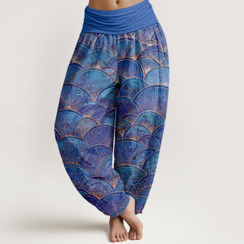 Buddha Stones Damen-Haremshose aus reiner Baumwolle mit türkisfarbenem Fächermuster und elastischem Bund. - Königsblau - US16, UK/AU20, EU48 (3XL) - image 8