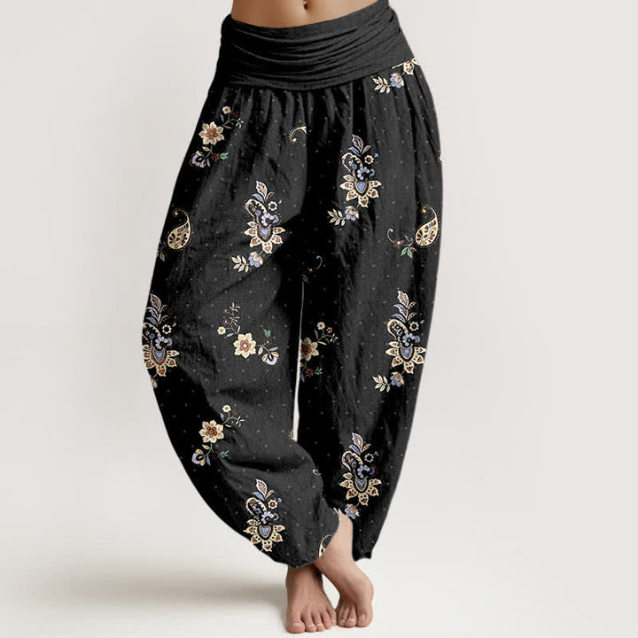 Buddha Stones Damen-Haremshose aus reiner Baumwolle mit Boho-Paisley-Blumenmuster und elastischem Bund - Schwarz - US16, UK/AU20, EU48 (3XL) - image 0
