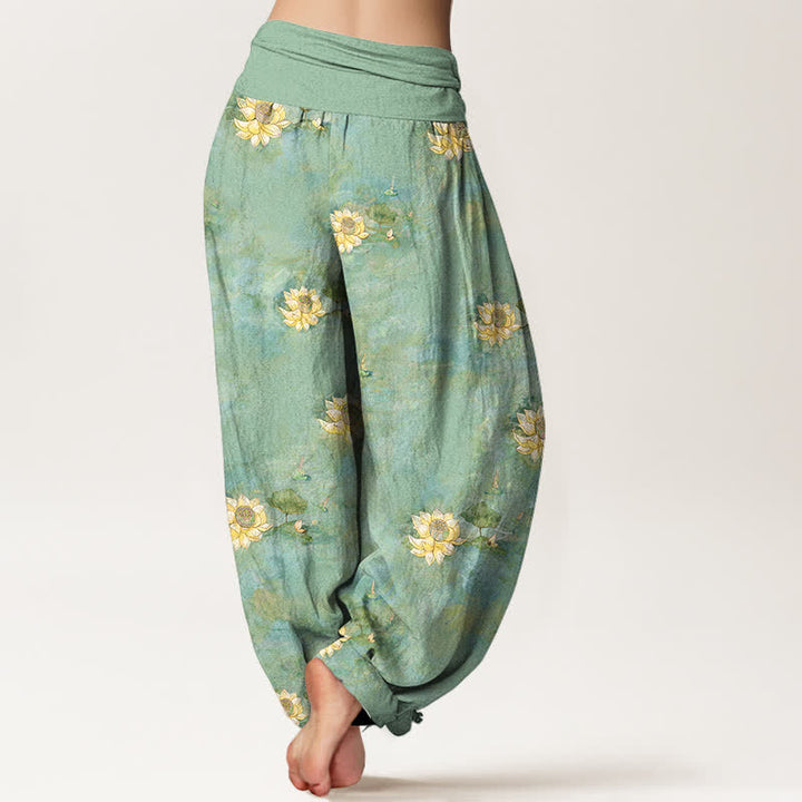 Buddha Stones Baumwoll-Haremshose mit gelbem Lotusmuster und elastischem Bund für Damen - image 1