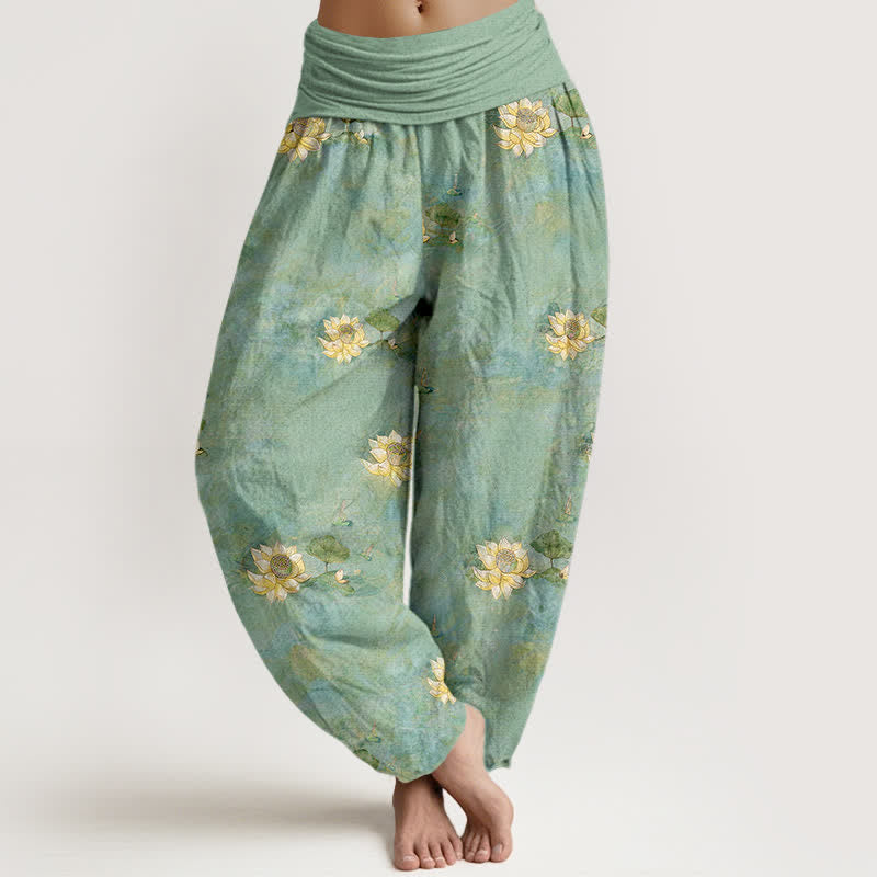 Buddha Stones Baumwoll-Haremshose mit gelbem Lotusmuster und elastischem Bund für Damen - Mittel-Aquamarin - US16, UK/AU20, EU48 (3XL) - image 0