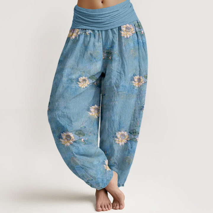 Buddha Stones Baumwoll-Haremshose mit gelbem Lotusmuster und elastischem Bund für Damen - Hellblau - US16, UK/AU20, EU48 (3XL) - image 5