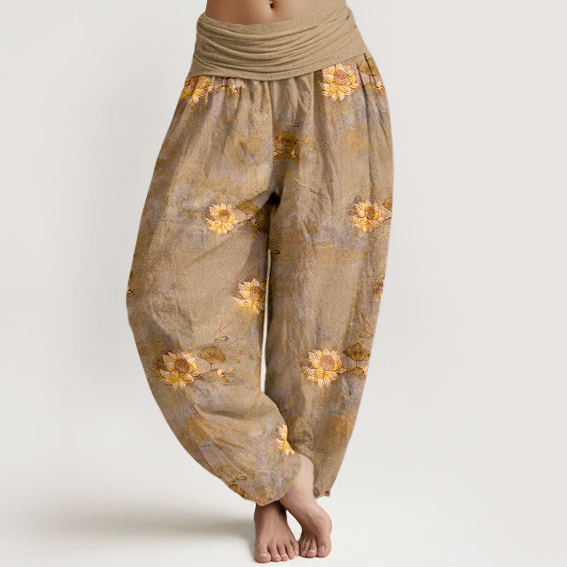 Buddha Stones Baumwoll-Haremshose mit gelbem Lotusmuster und elastischem Bund für Damen - Bräunen - US16, UK/AU20, EU48 (3XL) - image 8