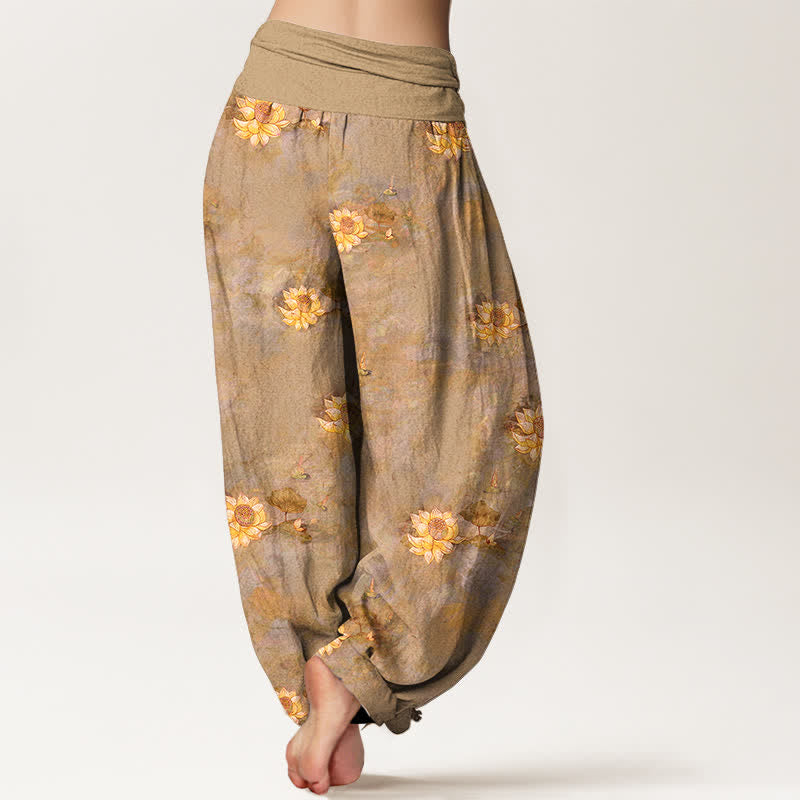 Buddha Stones Baumwoll-Haremshose mit gelbem Lotusmuster und elastischem Bund für Damen - image 9