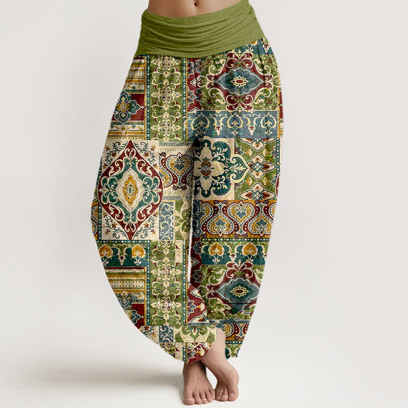 Buddha Stones Baumwoll-Haremshose mit olivgrünem Mosaikmuster und elastischem Bund für Damen - Olive - US16, UK/AU20, EU48 (3XL) - image 0