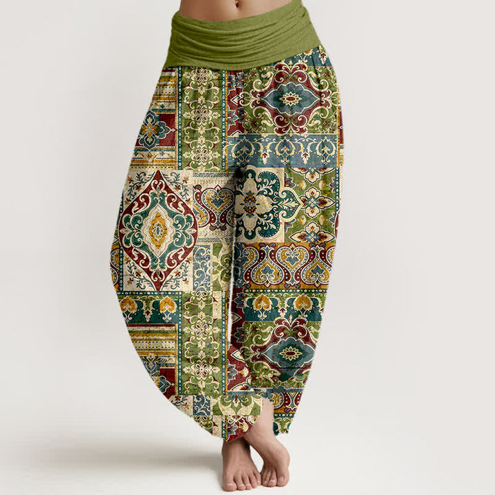 Buddha Stones Baumwoll-Haremshose mit olivgrünem Mosaikmuster und elastischem Bund für Damen - Olive - US16, UK/AU20, EU48 (3XL) - image 0