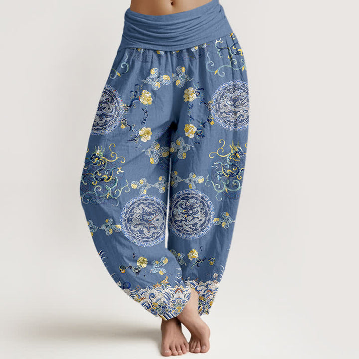Buddha Stones Baumwoll-Haremshose mit indigoblauem Medaillon-Drachenmuster und elastischem Bund für Damen. - SteelBlue - US16, UK/AU20, EU48 (3XL) - image 5