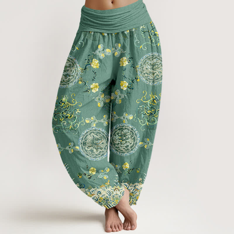 Buddha Stones Baumwoll-Haremshose mit indigoblauem Medaillon-Drachenmuster und elastischem Bund für Damen. - Mittelseegrün - US16, UK/AU20, EU48 (3XL) - image 8