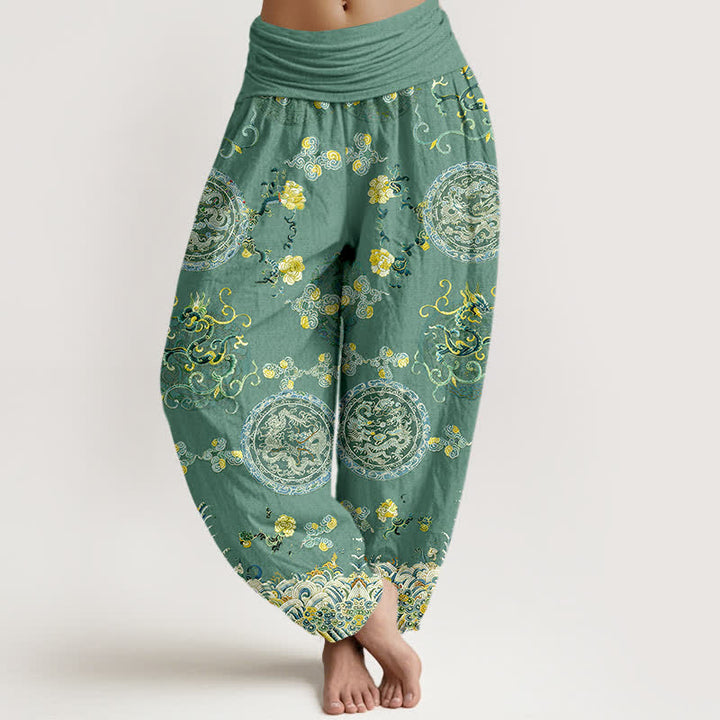Buddha Stones Baumwoll-Haremshose mit indigoblauem Medaillon-Drachenmuster und elastischem Bund für Damen. - Mittelseegrün - US16, UK/AU20, EU48 (3XL) - image 8