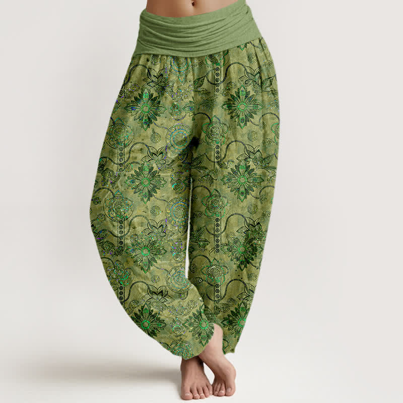 Buddha Stones Damen-Haremshose aus reiner Baumwolle mit olivgrünem Boho-Blumenmuster und elastischem Bund, verziert mit Rauten - Olive - US16, UK/AU20, EU48 (3XL) - image 0
