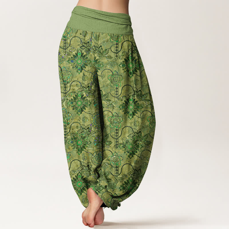 Buddha Stones Damen-Haremshose aus reiner Baumwolle mit olivgrünem Boho-Blumenmuster und elastischem Bund, verziert mit Rauten - image 1
