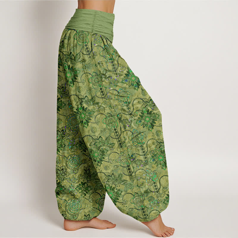 Buddha Stones Damen-Haremshose aus reiner Baumwolle mit olivgrünem Boho-Blumenmuster und elastischem Bund, verziert mit Rauten - image 2