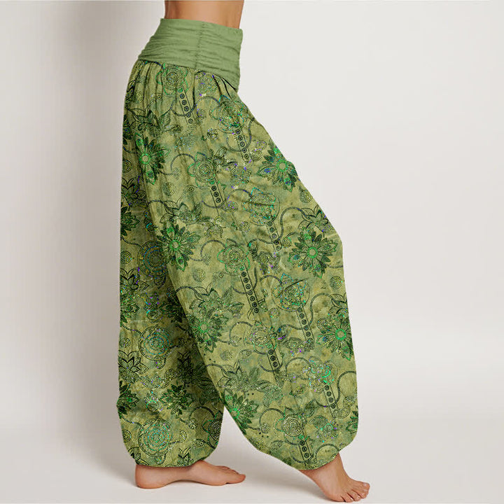 Buddha Stones Damen-Haremshose aus reiner Baumwolle mit olivgrünem Boho-Blumenmuster und elastischem Bund, verziert mit Rauten - image 2