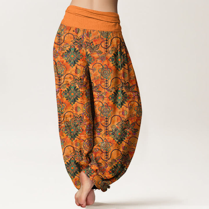 Buddha Stones Damen-Haremshose aus reiner Baumwolle mit olivgrünem Boho-Blumenmuster und elastischem Bund, verziert mit Rauten - image 6