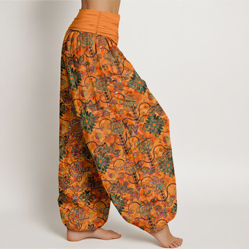 Buddha Stones Damen-Haremshose aus reiner Baumwolle mit olivgrünem Boho-Blumenmuster und elastischem Bund, verziert mit Rauten und elastischem Bund - image 7