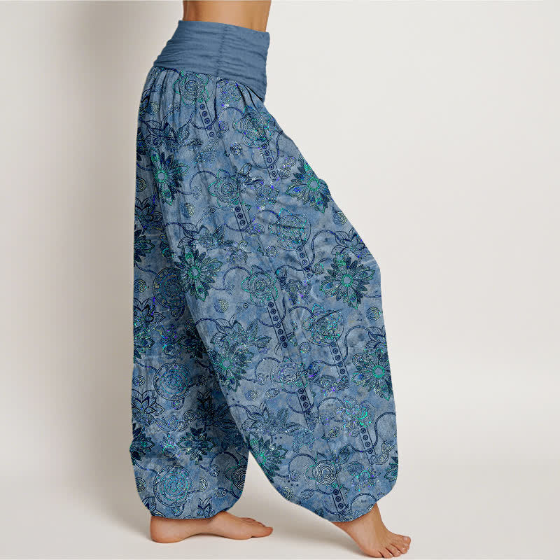 Buddha Stones Damen-Haremshose aus reiner Baumwolle mit olivgrünem Boho-Blumenmuster und elastischem Bund, verziert mit Rauten - image 10