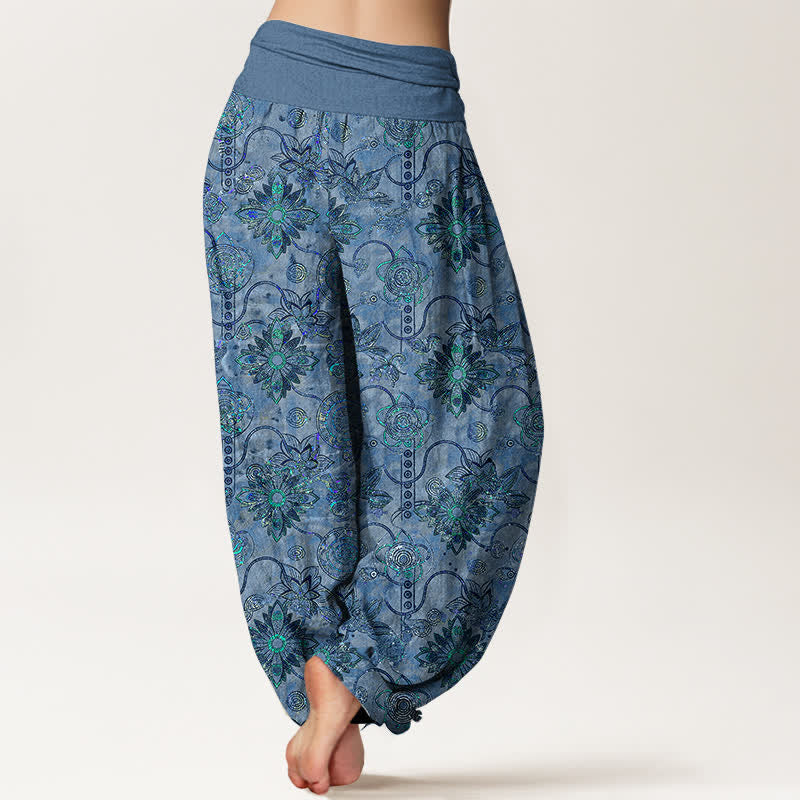 Buddha Stones Damen-Haremshose aus reiner Baumwolle mit olivgrünem Boho-Blumenmuster und elastischem Bund, verziert mit Rauten - image 9