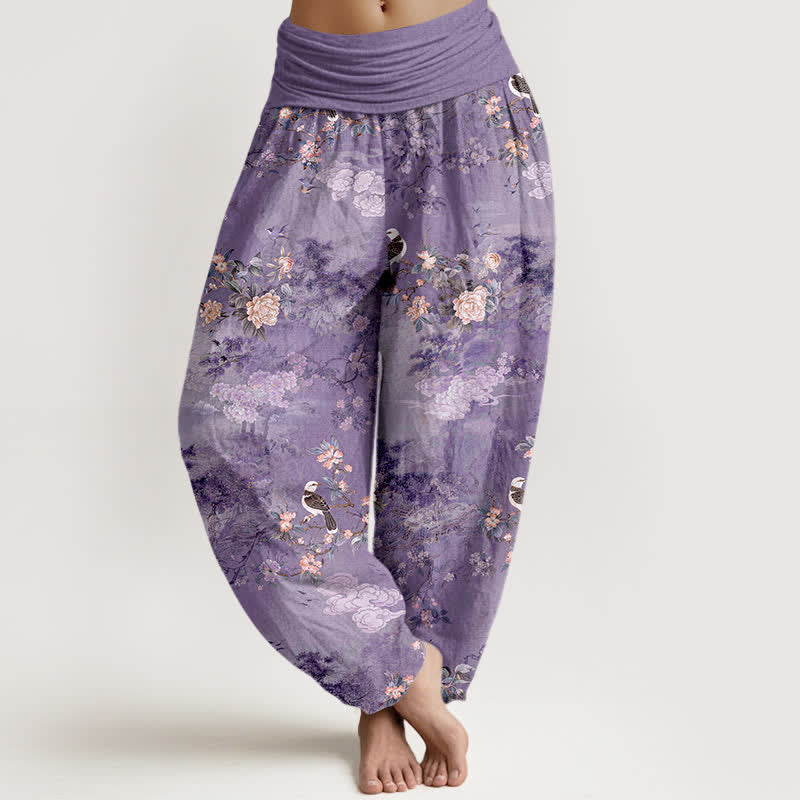 Buddha Stones Damen-Haremshose aus reiner Baumwolle mit Blumen- und Vogelmuster und elastischem Bund - Mittelviolett - US16, UK/AU20, EU48 (3XL) - image 0