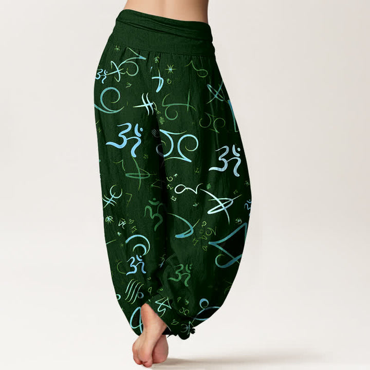 Buddha Stones Damen-Haremshose aus reiner Baumwolle mit blauem OM-Symbolmuster und elastischem Bund - image 9