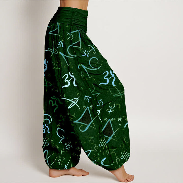 Buddha Stones Damen-Haremshose aus reiner Baumwolle mit blauem OM-Symbolmuster und elastischem Bund - image 10