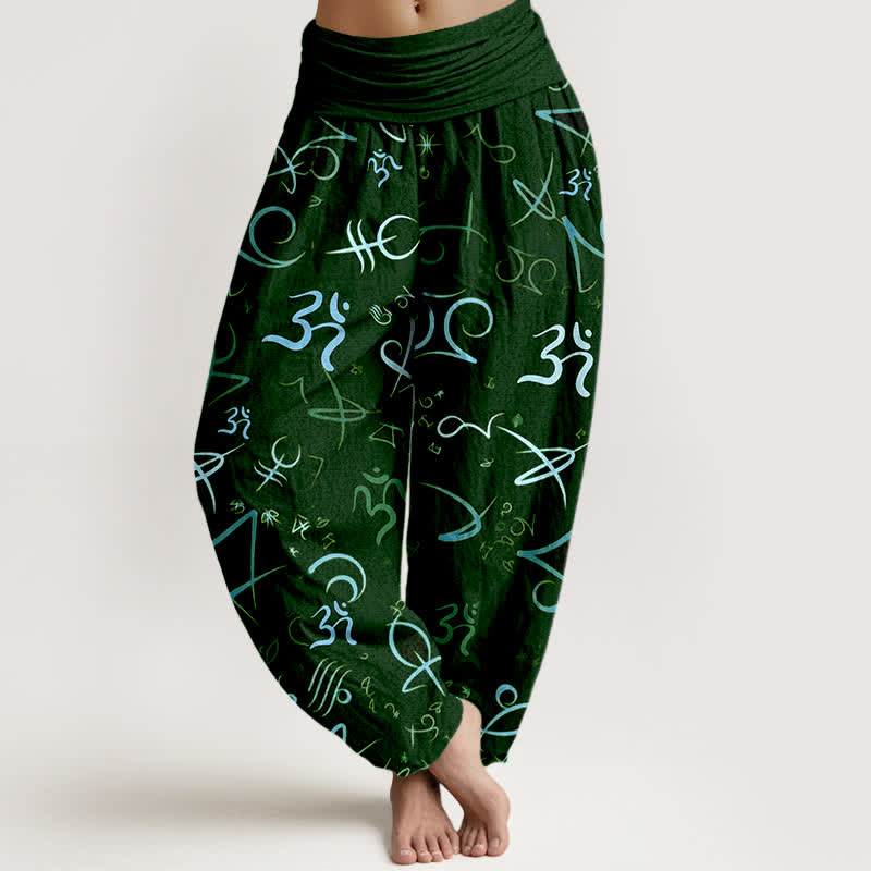 Buddha Stones Damen-Haremshose aus reiner Baumwolle mit blauem OM-Symbolmuster und elastischem Bund - Dunkelgrün - US16, UK/AU20, EU48 (3XL) - image 8