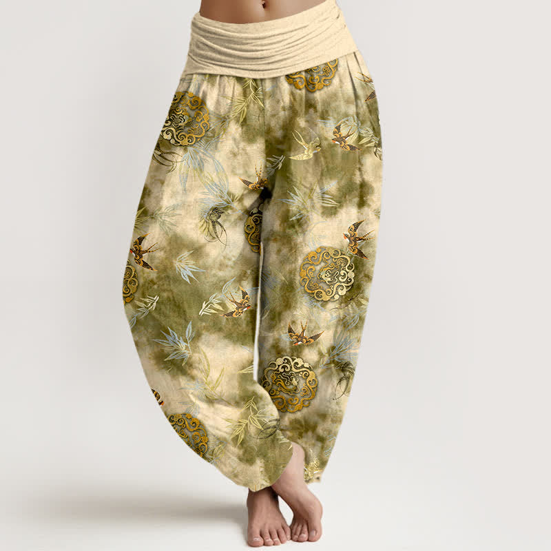 Buddha Stones Damen-Haremshose aus reiner Baumwolle mit Wolkenmedaillon- und Vogelmuster, elastischem Bund - Khaki - US16, UK/AU20, EU48 (3XL) - image 0