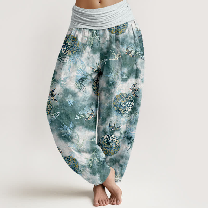 Buddha Stones Damen-Haremshose aus reiner Baumwolle mit Wolkenmedaillon- und Vogelmuster, elastischem Bund - Dunkelcyan - US16, UK/AU20, EU48 (3XL) - image 5