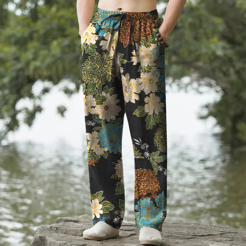 Buddha Stones Herrenhose aus Baumwolle mit Pfingstrosen-, Chrysanthemen- und türkisfarbenem Blumenmuster, schmal zulaufendem Schnitt und Taschen - Schwarz - US/ UK/AU50, EU60 (5XL) - image 0