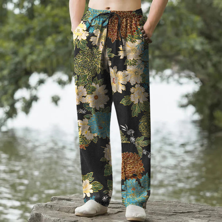 Buddha Stones Herrenhose aus Baumwolle mit Pfingstrosen-, Chrysanthemen- und türkisfarbenem Blumenmuster, schmal zulaufendem Schnitt und Taschen - Schwarz - US/ UK/AU50, EU60 (5XL) - image 0