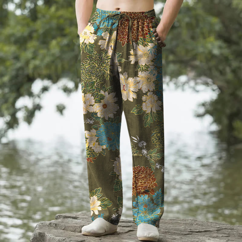 Buddha Stones Herrenhose aus Baumwolle mit Pfingstrosen-, Chrysanthemen- und türkisfarbenem Blumenmuster, schmal zulaufendem Schnitt und Taschen - Olive - US/ UK/AU50, EU60 (5XL) - image 4