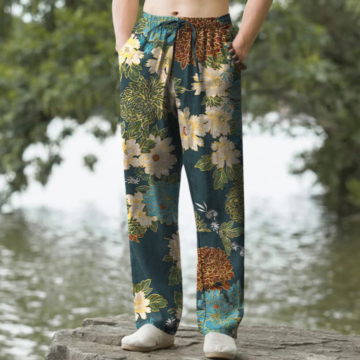 Buddha Stones Herrenhose aus Baumwolle mit Pfingstrosen-, Chrysanthemen- und türkisfarbenem Blumenmuster, schmal zulaufendem Schnitt und Taschen - SteelBlue - US/ UK/AU50, EU60 (5XL) - image 6