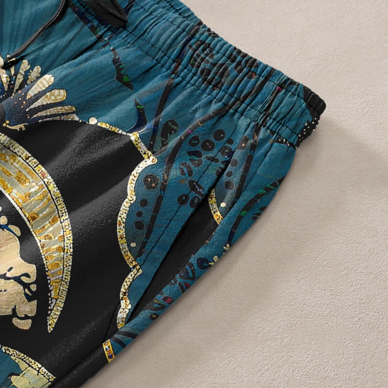 Buddha Stones Herrenhose aus Baumwolle mit orientalischem Faltfächer- und Blumenmuster, schmal zulaufend und mit Taschen - image 2