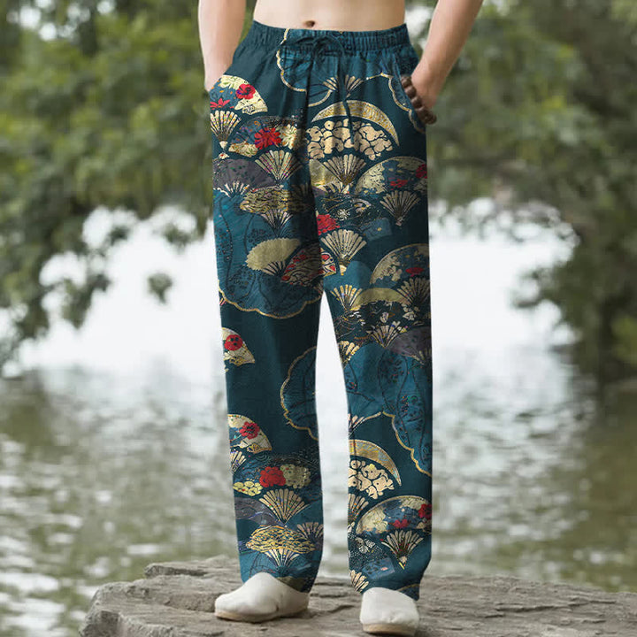 Buddha Stones Herrenhose aus Baumwolle mit orientalischem Faltfächer- und Blumenmuster, schmal zulaufend und mit Taschen - SteelBlue - US/ UK/AU50, EU60 (5XL) - image 4