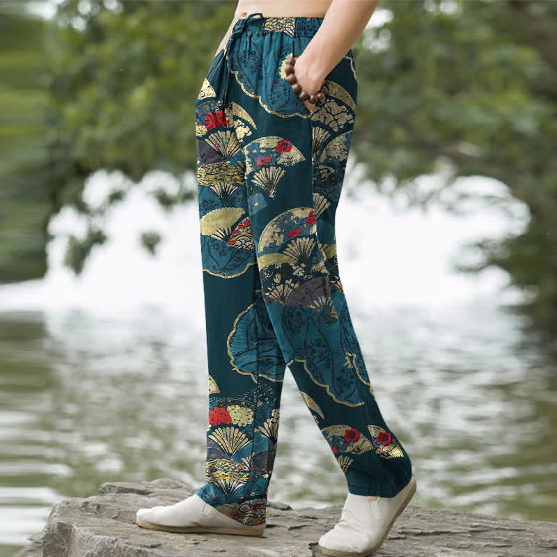 Buddha Stones Herrenhose aus Baumwolle mit orientalischem Faltfächer- und Blumenmuster, schmal zulaufend und mit Taschen - image 5