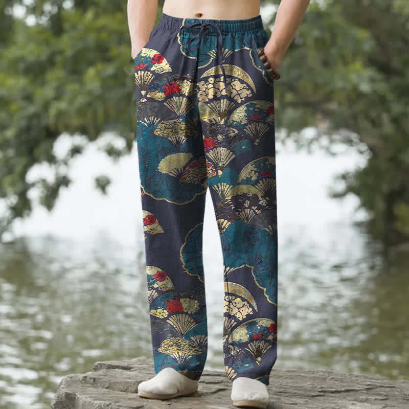 Buddha Stones Herrenhose aus Baumwolle mit orientalischem Faltfächer- und Blumenmuster, schmal zulaufend und mit Taschen - Dunkelschieferblau - US/ UK/AU50, EU60 (5XL) - image 6
