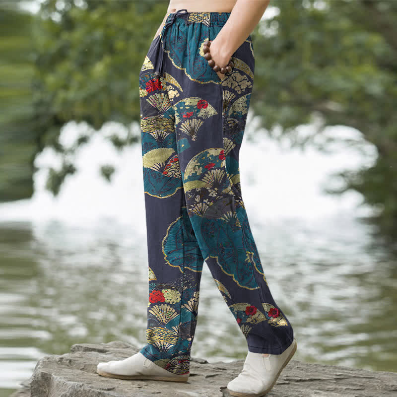 Buddha Stones Herrenhose aus Baumwolle mit orientalischem Faltfächer- und Blumenmuster, schmal zulaufend und mit Taschen - image 7