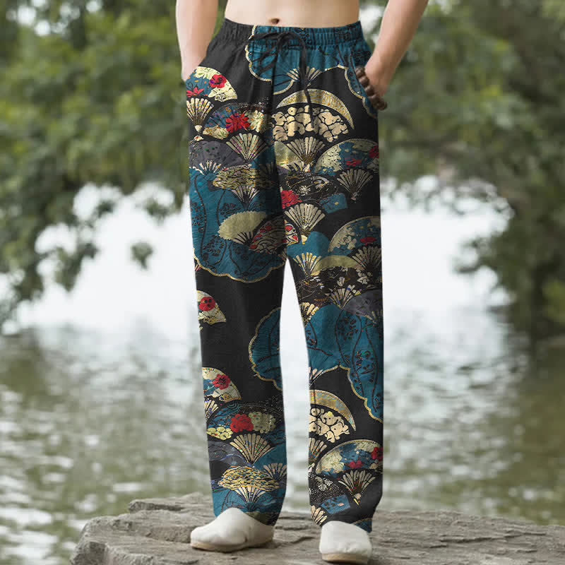 Buddha Stones Herrenhose aus Baumwolle mit orientalischem Faltfächer- und Blumenmuster, schmal zulaufend und mit Taschen - Schwarz - US/ UK/AU50, EU60 (5XL) - image 0