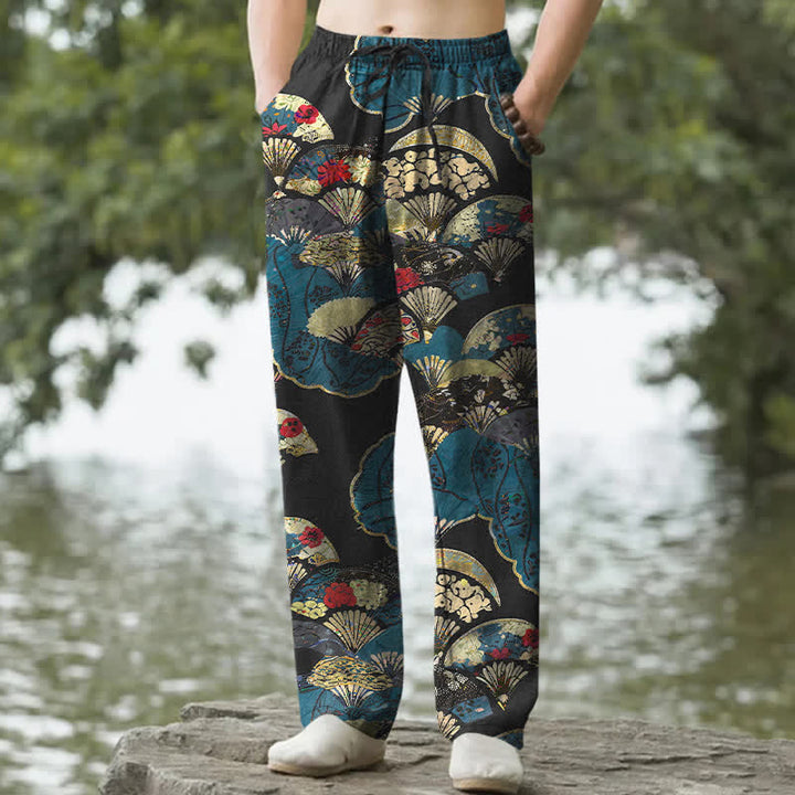 Buddha Stones Herrenhose aus Baumwolle mit orientalischem Faltfächer- und Blumenmuster, schmal zulaufend und mit Taschen - Schwarz - US/ UK/AU50, EU60 (5XL) - image 0
